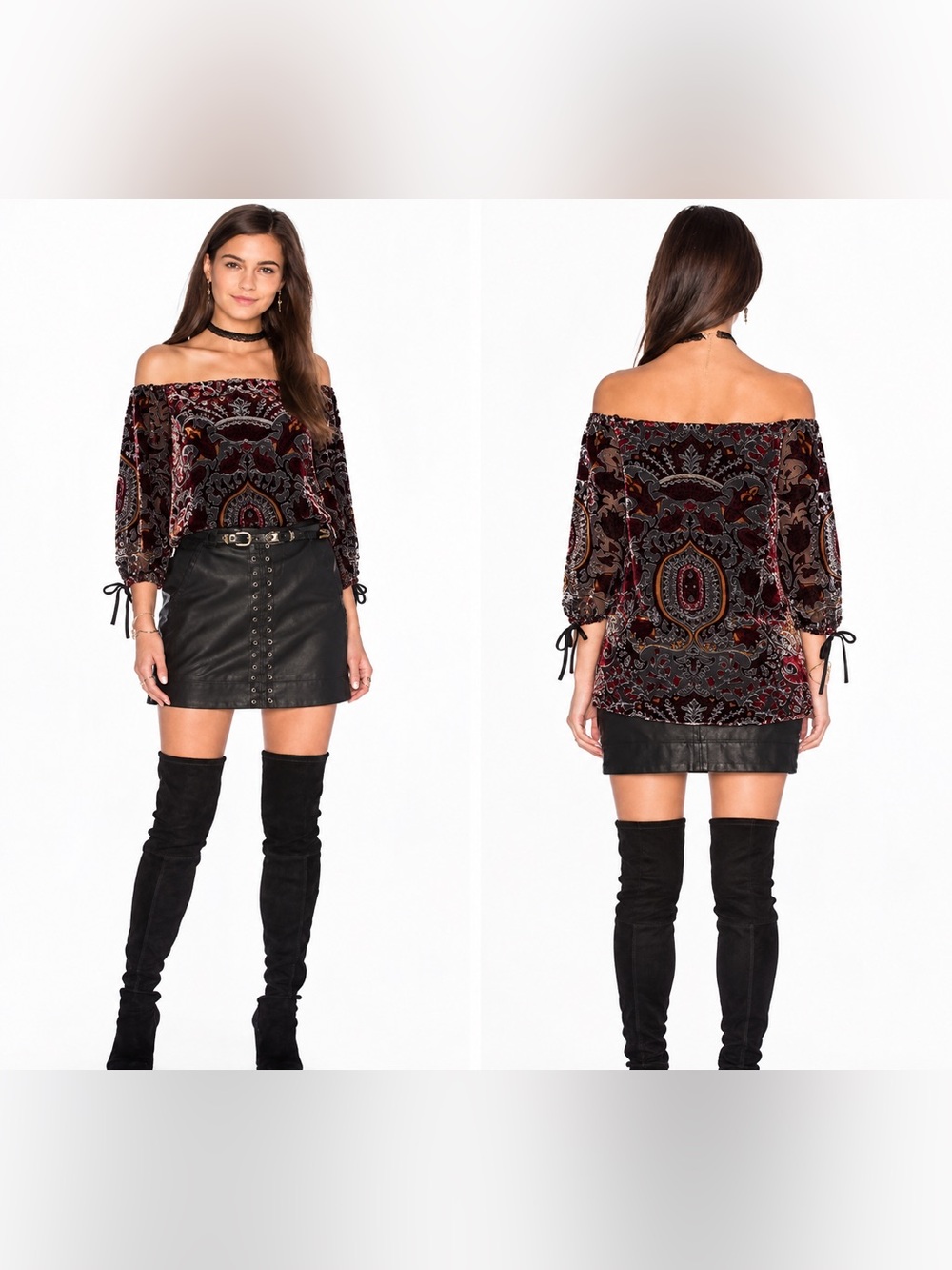 Alice + Olivia Black Leather Eyelet Mini Skirt with Mixed Burgundy Paisley Top